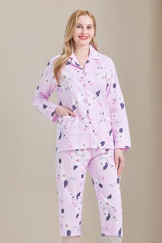 Image of GLOBAL Women Cotton Pajamas Long Sleeve PJs Button Down Sleepwear S-3XL