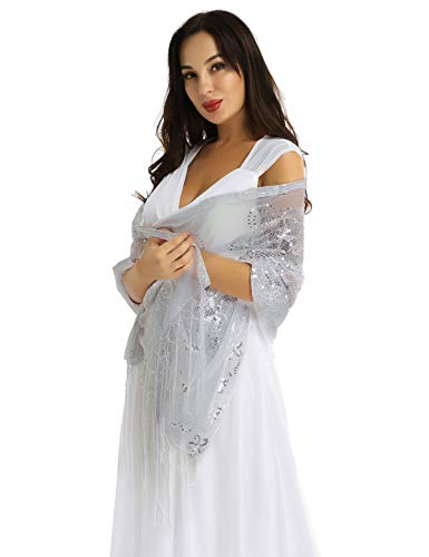 ACSUSS Women's Glittering 1920s Scarf Mesh Sequin Wedding Cape Fringed Evening Shawl Wrap