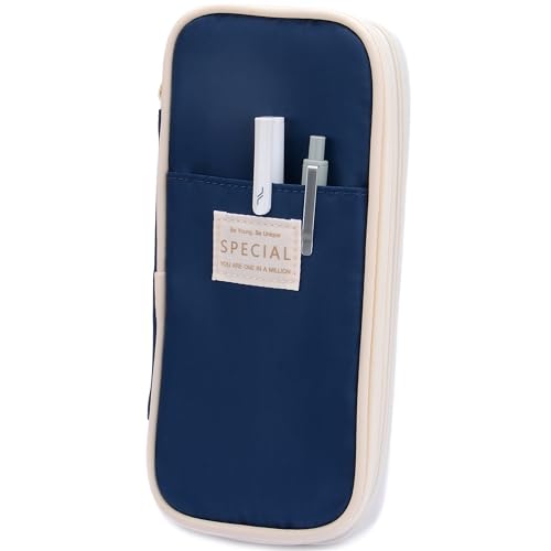 Image of Large Capacity Big Special Cute Aesthetic Preppy Canvas Pencil Case Organizer Holder Pouch Bag with Zipper Compartments, Pen Cases for Women Girls School Adults (Navy)