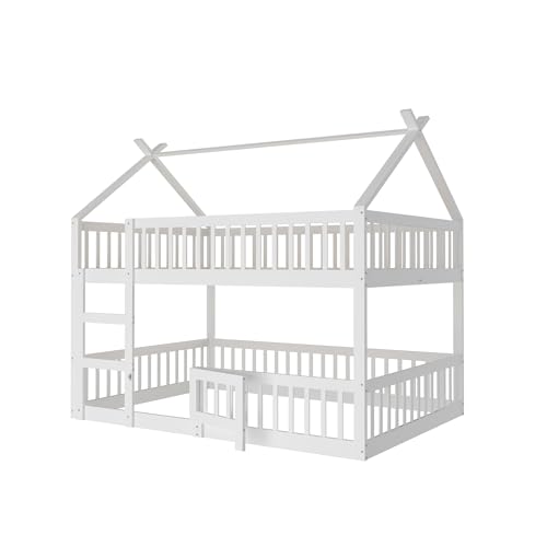 Dolamaní Litera para 2 niños, 140 x 200 cm, blanca, cama alta, segunda cama, casa y piso con puerta, cama infantil de madera maciza con escalera y protección contra caídas - imagen 9