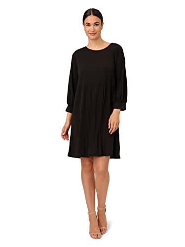 Adrianna Papell Women's Pleated Knit Crew Neck Dress, Black, S