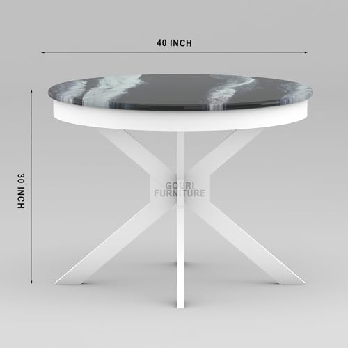 Image of Solid Sheesham Wood 4 Seater Round Dining Table Set with Epoxy Resin Top Finish, Includes 4 Cushioned Chairs, DIY Assembly, White - Ideal for Home, Hotel & Restaurant