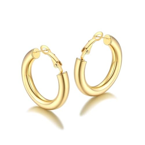 FaithHeart Chunky Hoop Earrings for Women, Silver/Black/14K Gold Plated Stainless Steel Earrings 5mm Thick Hollow Tube Hoops Hypoallergenic Lightweight Earring 20/30/40/50/60/70/80mm 30mm Go