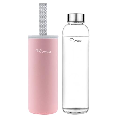 RYACO Borosilicate Glass Water Bottle 1000ml/1L BPA-Free Leak Proof Ideal for School Home Office Travel Sport Yoga Gym Hot Cold Drinks with Portable Neoprene Carrying Sleeve and Sponge Brush