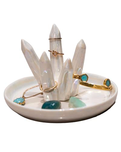 Ring Holder Healing Crystal Cluster Shaped Jewelry Tray White Iridescent Pearl Glazed Ring Holder Healing Crystal Cluster Shaped Jewelry Tray White Iridescent Pearl Glazed