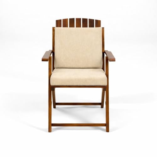 Image of WELL KNOWN Foldable Wooden Outdoor Chair with Cushioned Seat & Backrest - Patio Garden Armchair with Cream Paisley Fabric, Space-Saving Design, 34 Inch Height, Natural Finish