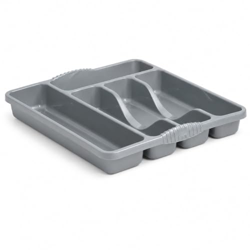 ACCURATE 5 Compartment Plastic Cutlery Holder Tray Drawer Organiser Rack. Durable yet lightweight and easy to clean with a high gloss finish (SILVER)