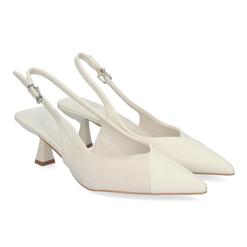82885 Zapatos de Salon para Mujer con Tacon, Elegantes y Comodos, Diseno Moderno, Dos Materiales con Punta Fina y Cierre de Hebilla Ajustable, para Todo Tipo de Ocasiones. Beige Talla 36