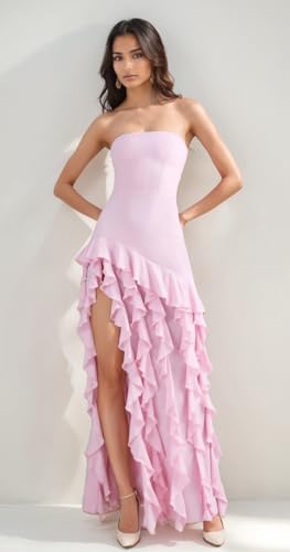 Ruffles Prom Dresses 2025 Strapless Asymmetrical Evening Party Gowns Long Slit Wedding Guest Gown ZX1064
