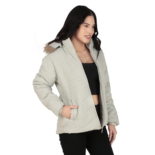 Image of Women's Cozy Puffer Stylish Jacket with Buttoned Pockets and Detachable Fur Hood