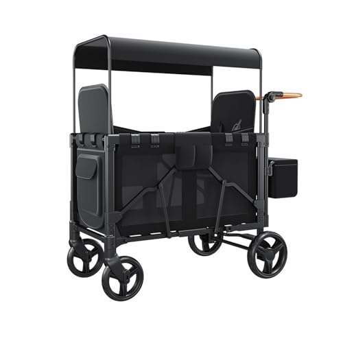 Image of Lemoeyes Stroller Wagon 4 Seater, Wagon Cart with 4 High Seats & 5-Point Harnesses, Collapsible Stroller with Sun Canopy for Garden Beach Camping Sports, Utility Cart with Side Pocket