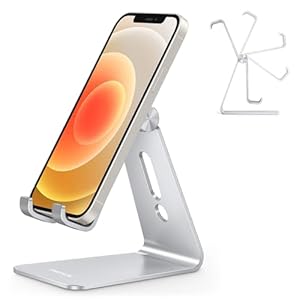 Adjustable Cell Phone Stand, OMOTON Aluminum Desktop Cellphone Stand with Anti-Slip Base and Convenient Charging Port, Fits All Smart Phones, Silver