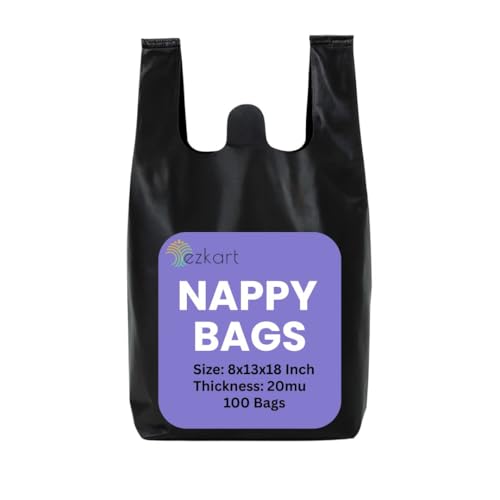 ezkart Pack of 100 - Black Strong Plastic Nappy Bags with a Comfortable Grip| Heavy Duty for Multi-Purpose Uses Durable Sanitary Disposal Bag 100% Leak Proof (Black-100pk 8x13x18 Inch-20mu)