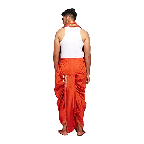 Image of Rameshwaram Fabrics Readymade Dhoti for Men, Velcro Style Stitched Mens Silk Dhoti Pant with Stole Set