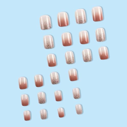 Image of Kriga 24 Reusable Artificial Fake Nail Set| Light Dark Peach Color With Glitter Design Glossy Nails| Lightweight & Long Lasting| Quick Fix For Festivals & Special Occasions