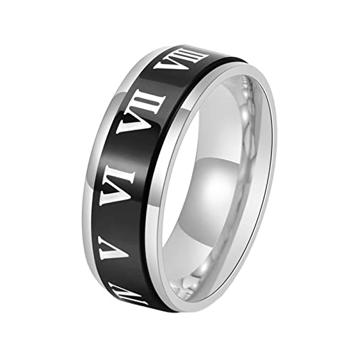 Ayoiow Bagues Homme Anneau Acier Inoxydable 8MM Chiffres Romains Tournante Noir Bague Anti Stress