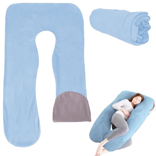 TOATELU Funda de almohada de embarazo, en forma de U, cojín corporal extraíble, funda de repuesto para adultos, almohada de lactancia, lavable a máquina, 140 x 80 cm (azul + gris)