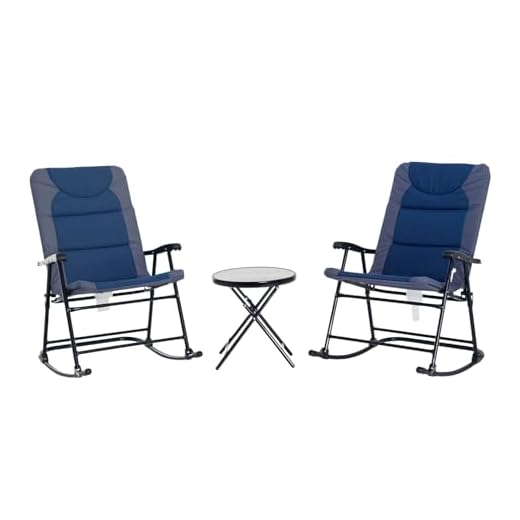 Outsunny 3 Piece Outdoor Patio Furniture Set with Glass Coffee Table & 2 Folding Padded Rocking Chairs, Bistro Style for Porch, Camping, Balcony, Navy Blue