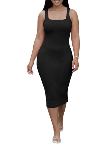 Image of TOPSRANI Women Sexy Midi Dress Bodycon Casual Sleeveless Basic Ruched Tank Summer Club Party Dresses