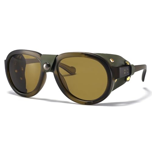 MACJERO Retro Aviator Steampunk Polarized Sunglasses with Leather Side Shield Vintage Goggles Gothic Eyewear for Men Women