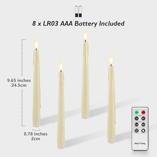 Image of Rhytsing 9.6 inches Natural White Flameless Taper Candle with Remote, Battery Operated Led Dinner Candles with Timer, Wax Dripping Design, 8 Batteries Included - Set of 4