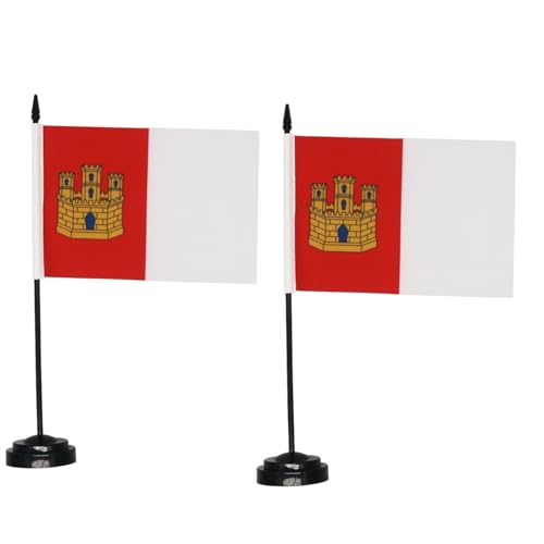 2 bandeiras de mesa Castilla La Mancha, Castilla La Mancha, 21 x 14 cm, mastro e base, bandeiras de secretária Castilla La Mancha para salas de conferências (Castela - a mancha)