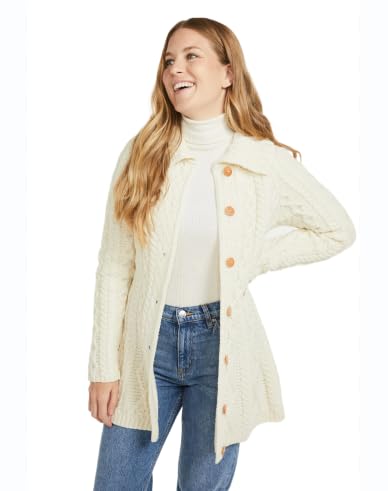 Traditional Irish Cable Knit Merino Wool Flared Cardigan Wooden Buttons Made in Ireland