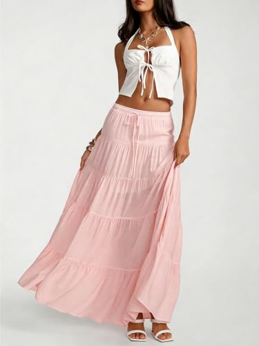 Image of Women's Boho Maxi Skirt Ruffle Flowy Low Rise A Line Beach Long Skirts | Flared Ruffle, Elastic Waist, Summer Vacation Skirts