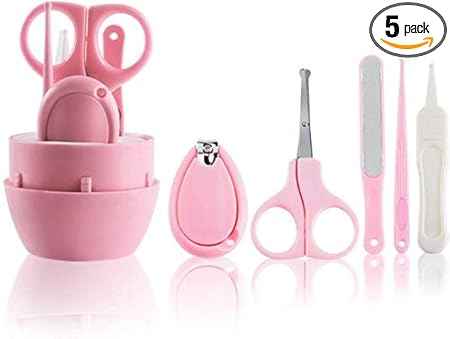 RKPM HOMES Baby Nail Clippers, 5-in-1 Baby Nail Grooming Kit Scissors Set with Case, Baby Nail File and Tweezers for Baby Nail Trimming (Pink)