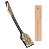 ENAMELEVO Back Scrubber Shower Brush,Dry Brushing Body Brush with 17.7 Inch Curved Long Handle, Natural Bristles for Lymphatic Drainage, Soft & Stiff Bristles Available (Stiff-Thick Boar Bristles)