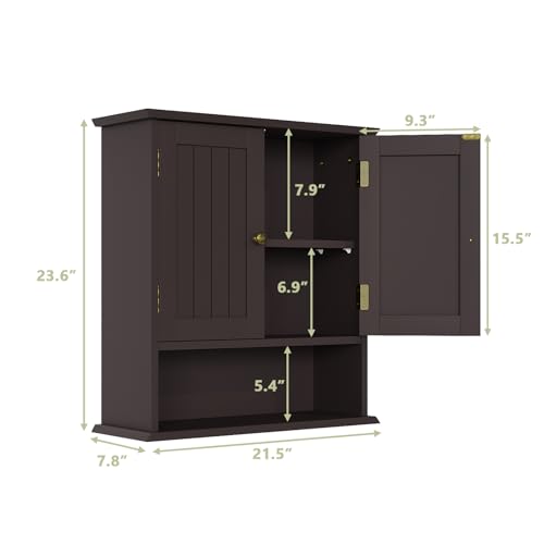 Image of Smuxee Brown Bathroom Cabinet Wall Mounted, Small Medicine Cabinet with 2 Door Adjustable Shelves, Wall Cabinet Over Toilet for Laundry Room Kitchen