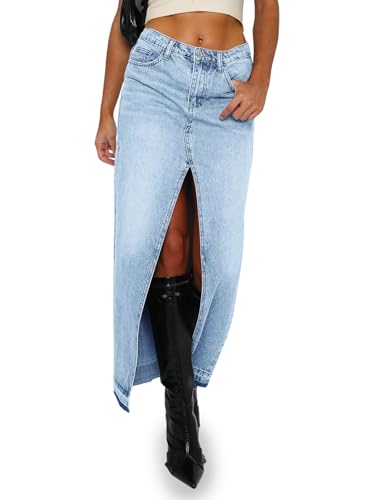 Jupe longue en jean femme taille haute fendue avec ourlet effiloché style streetwear