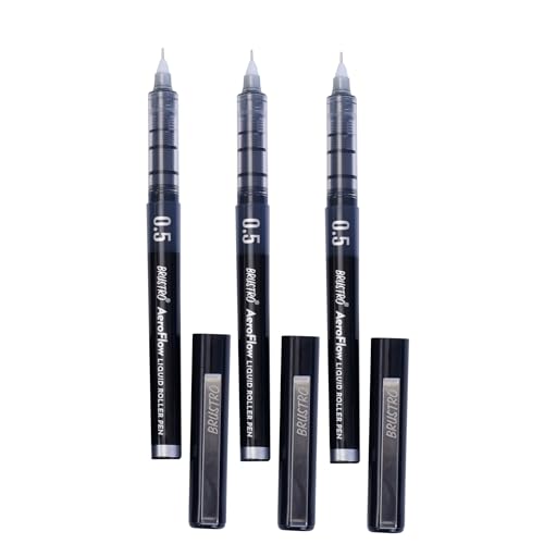 Image of BRUSTRO AeroFlow Liquid Ink Rollerball Pens | Black | 0.5mm, Micro Tip | Pack of 3 | Ideal for Students, Professionals, Office, Exam use, Accurate Smooth Writing, Waterproof, Fade Resistant