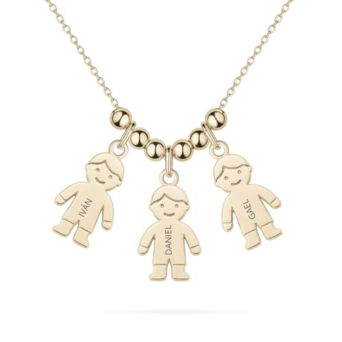 Collar con Colgante de Niños o Niñas Personalizable en Plata de Ley 925 o Bañado en Oro – Regalo Ideal para Mamás o Abuelas – 45cm + Alargador (3 Niños Oro)