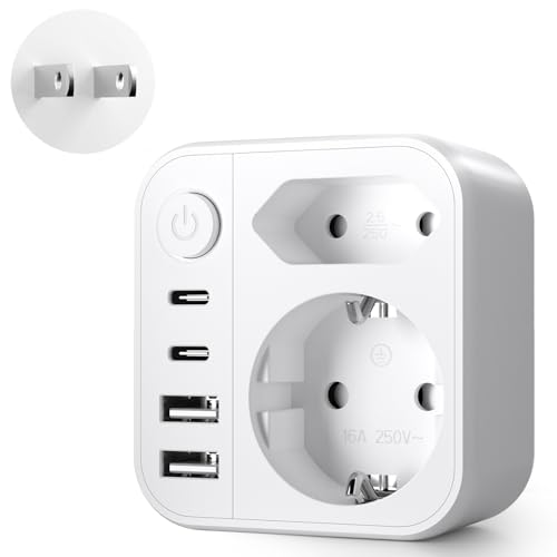 6 en 1 Adaptateur Prise Japon, Adaptateur de Voyage Japon, Connecteur de Voyage France vers Le J-apon avec 2 USB A& 2 USB C, Connecteur Schuko vers Type A pour...