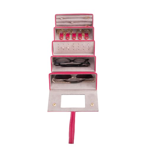 Image of Brouk & Co Leah 5 Eyewear & Jewelry Case - Pebbled Vegan Leather, Foldable Case, Snap Closure, Hanging Loop, Interior Mirror, 5 Compartments: Sunglasses and Jewelry (Fuchsia)