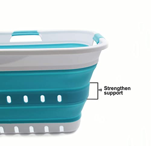 Image of SAMMART 42L (11 gallon) Collapsible Plastic Laundry Basket - Foldable Pop Up Storage Container /Organizer - Portable Basket - Space Saving Hamper /Basket (2, White /Bright Blue)