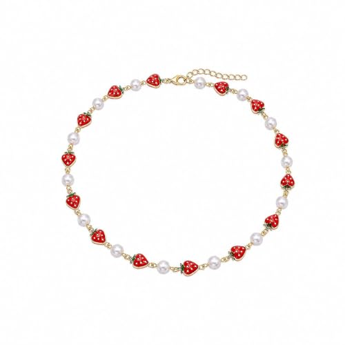 Strawberry Necklace for Women Gold Pearl Choker Trendy Dainty Statement Cute Christmas Necklace Valentines Day Birthday Jewelry Gifts
