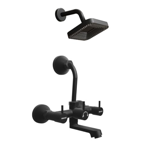 Image of ENICET Brass Wall Mixer with Shower | Matte Black | 190mm Long L Bend Pipe | Wall Mixer for Bathroom | Shower Mixer Set for Bathroom | 7 Year Warranty | Hot and Cold Water Tap (FE121SBlack)