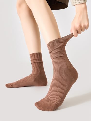 Image of 7 Pairs of Comfortable Cotton Cute Crew Solid Color Socks for Women, Long Socks Socks for Girls, Shoe Size 5-9