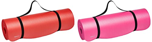 Image of amazon basics Nitrile Butadiene Rubber 13mm Extra Thick Yoga | Exercise Mat with Carrying Strap | Red & Pink Combo