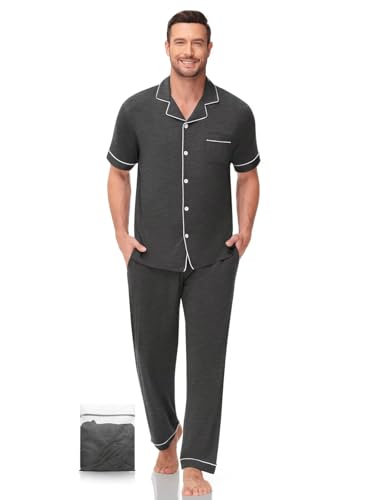 Image of Men's Short Sleeve Pajama Set, Soft Cotton Button Down Sleepwear Top & Long Pants, Loungewear PJs with Pockets S-XXXL