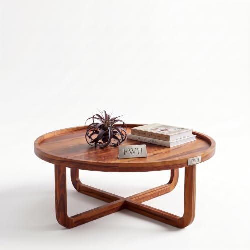 Image of Solid Wood Round Wheel Coffee Table, Wooden Center Table for Home & Office, Round Shape Coffee Table, 32x32x14.5 Inch, (Teak Finish)