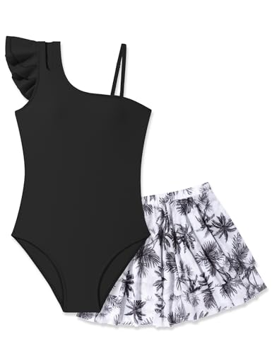 Girls Swimsuit One Piece Swimwear Top with Tropical Print Cover Up Skirt Girls Bathing Suit 7-16 Years