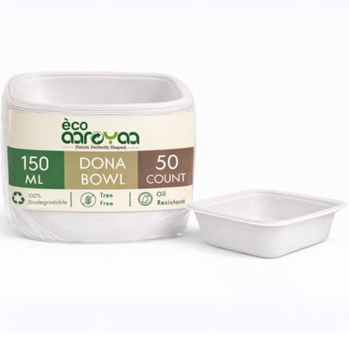 Image of Eco Disposable Square Dona Bagasse Bowls - Biodegradable Disposable Bowls - Eco-Friendly Dip, Sauce & Chutney Disposable Cups - Leak-Resistant Small Serving Bowls (Pack of 50)