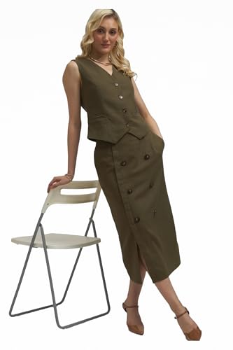 VIRGIO Linen Double Breasted Slit Midi Skirt2