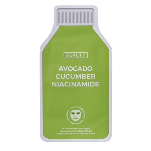 YEAUTY SMOOTHIE Tuchmaske Avocado, Cucumber & Niacinamide – Feuchtigkeitsspendende Gesichtsmaske für intensive Pflege, strahlende Haut – 100% biologisch abbaubar – 1er Pack