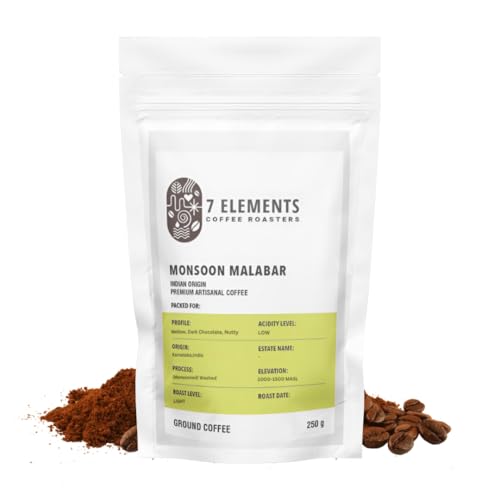 Image of 7 Elements Coffee Roasters Monsoon Malabar Ground Coffee - 250 g (Pack of 1) | Light Roast (Aeropress Grind) | 100% Arabica Freshly Roasted Coffee Grounds | AA Grade | Rich Flavorful Coffee