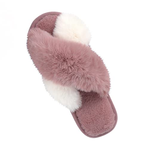 Women Fuzzy Slippers - Women's Cross Band Slippers Cross Open Toe Fuzzy Fluffy Slippers, Women's Fuzzy Fluffy Furry Fur Slippers, Indoor Outdoor Faux Rabbit Fur Warm Slipper