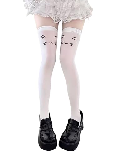 CAT KO Womens Kawaii Thigh High Socks Cute Cat Anime Kaomoji over the Knee Stocking for Cosplay One Size Black